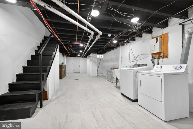 a view of storage and utility room with stairs