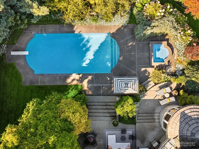 an aerial view of a house with a yard and potted plants