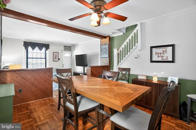 a view of a dining room with furniture