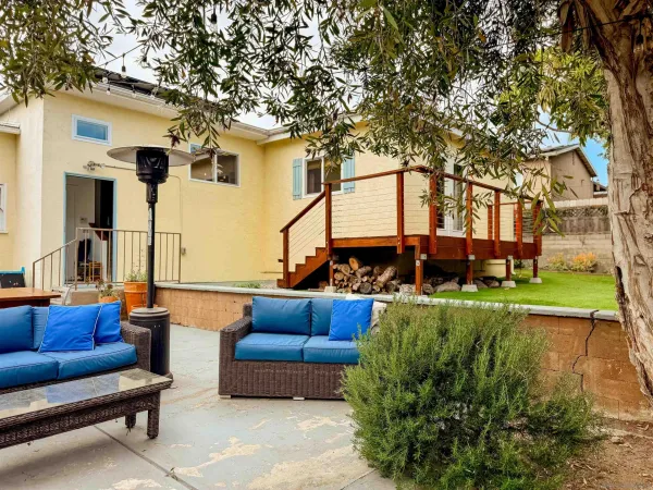 a building outdoor space with patio furniture