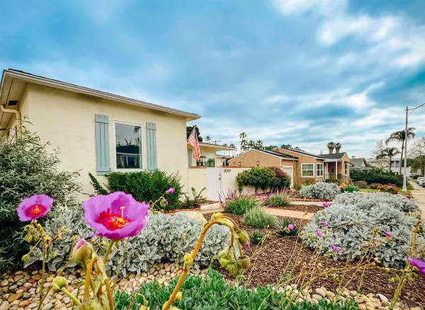 a view of a house with a yard and garden