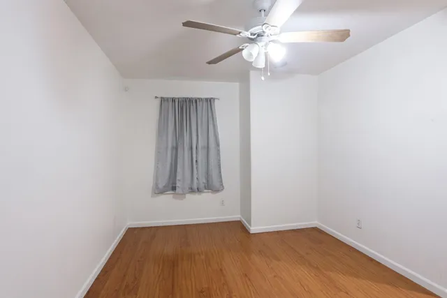 a view of a yard with plants and a table chair