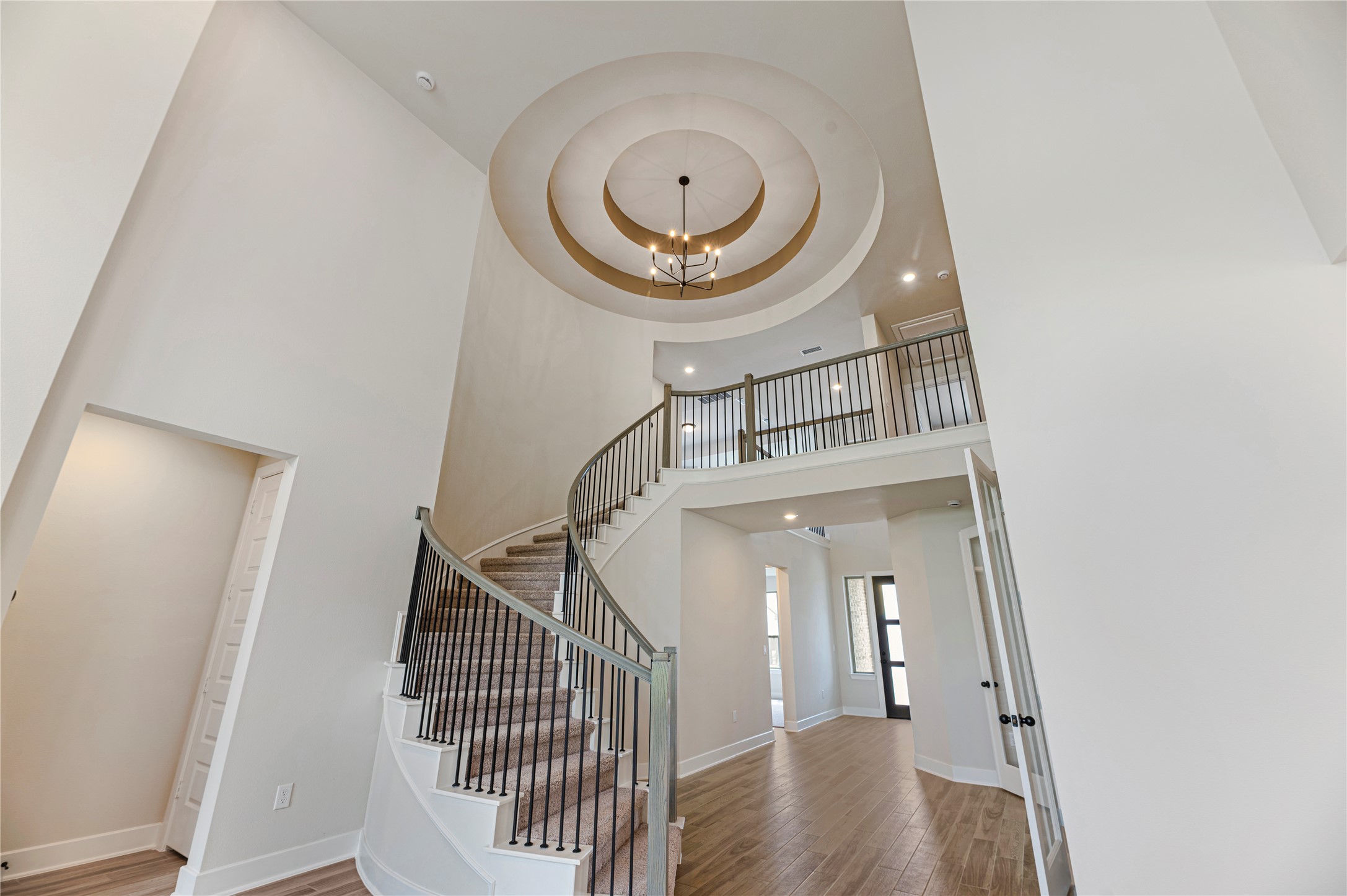 1508 Rodeo Ridge Drive Georgetown, TX 78628 - Photo 1 of 37 Staircase with wood finished floors, a chandelier, a high ceiling, and recessed lighting
