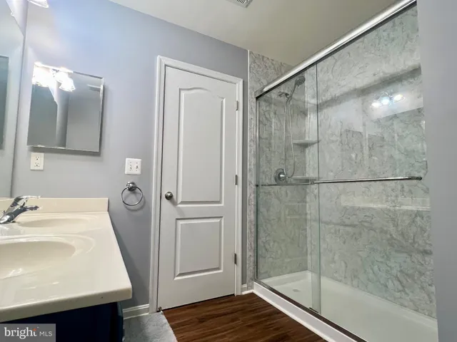 a bathroom with a shower and a sink
