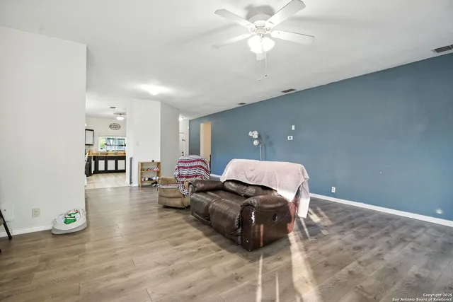 a view of a dining room with furniture