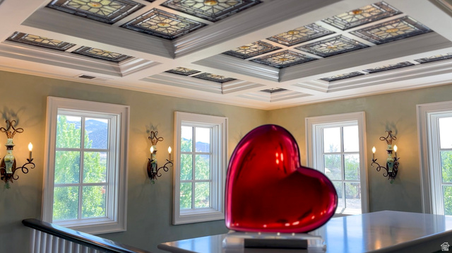 426 West Center Street Parowan, UT 84761 - Photo 43 of 107 Coffered ceiling with decorative panels, multiple windows, and elegant wall sconces