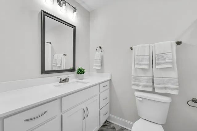 a bathroom with a sink a toilet and a mirror