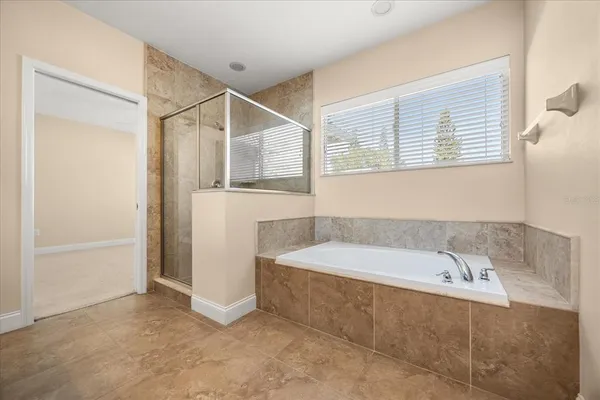 a bathroom with a bathtub and a shower