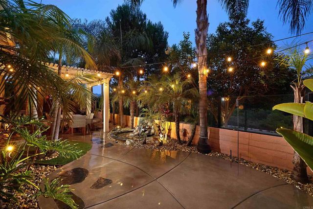 a view of a park with potted plants and palm trees
