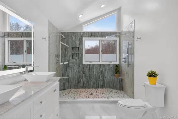 a bathroom with a granite countertop sink a toilet and shower