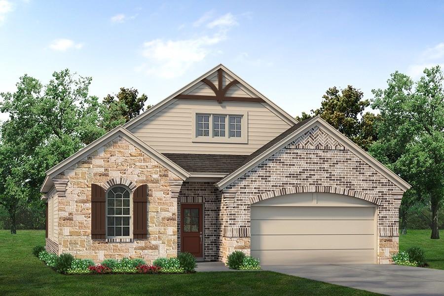 1213 Colca Drive Springtown, TX 76082 - Photo 2 of 8 Attractive facade featuring a combination of stone and brickwork, a prominent arched garage door, decorative window shutters, and a distinctive gable peak with exposed timber accents