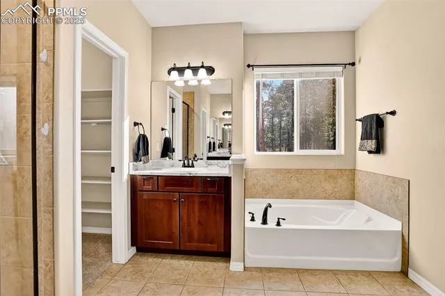 a bathroom with a tub a sink and a large mirror