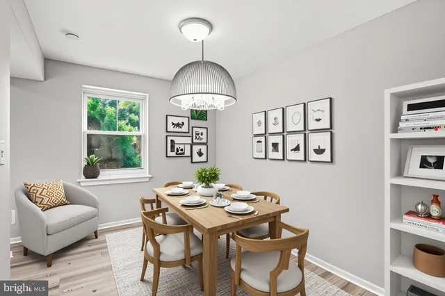 a view of a dining room with furniture window and wooden floor