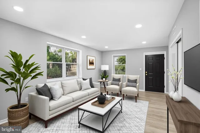 a living room with furniture potted plant and a window