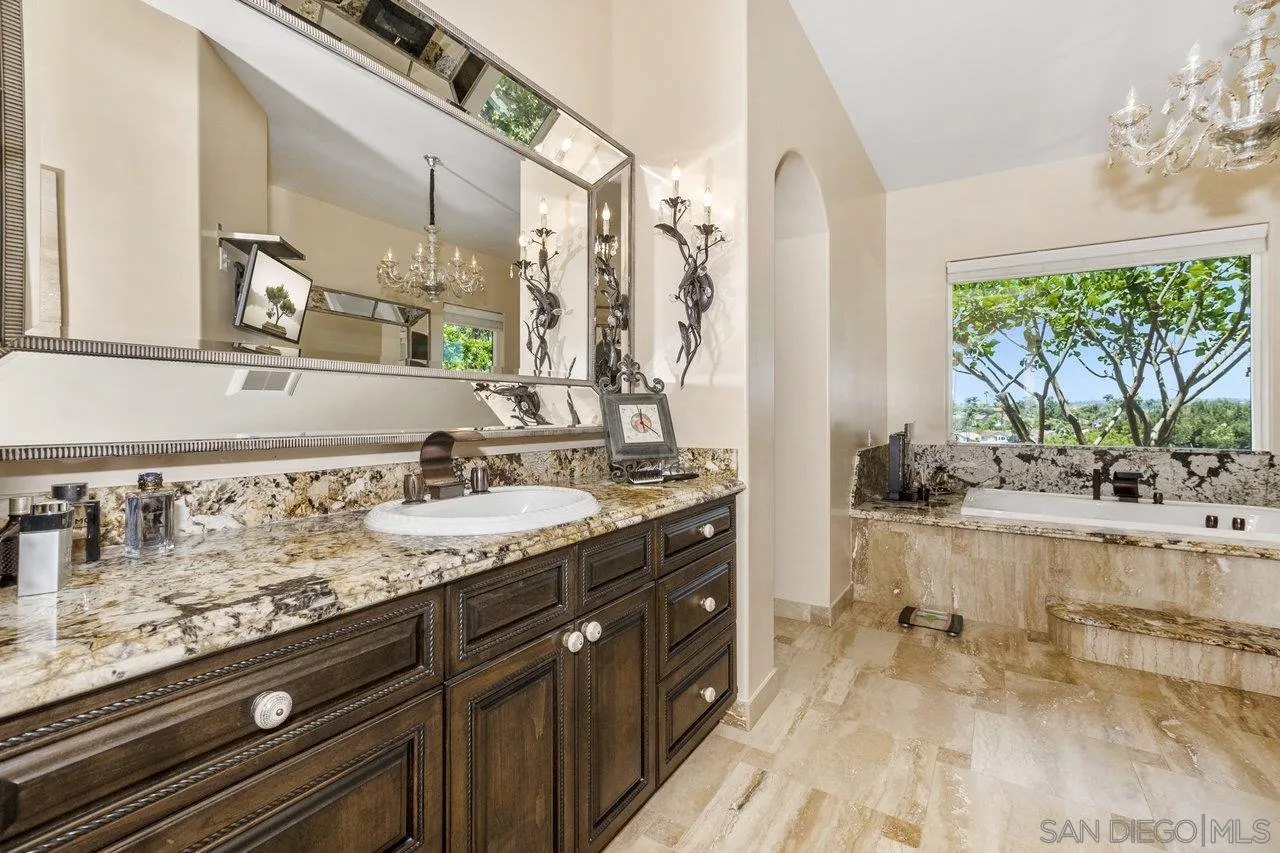7342 Altiva Place Carlsbad, CA 92009 - Photo 41 of 56 a spacious bathroom with a granite countertop sink and a large mirror