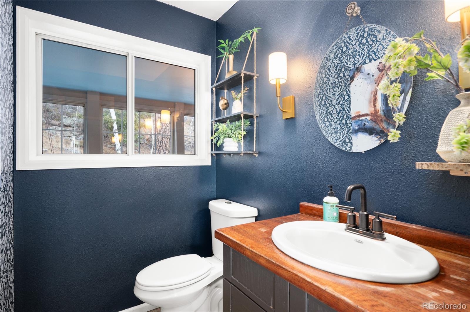 11740 Baca Road Conifer, CO 80433 - Photo 20 of 49 a bathroom with a toilet a sink and mirror