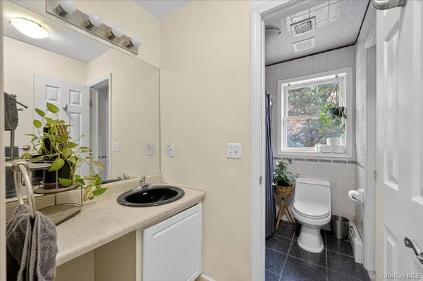 a view of bathroom with a sink toilet and a mirror