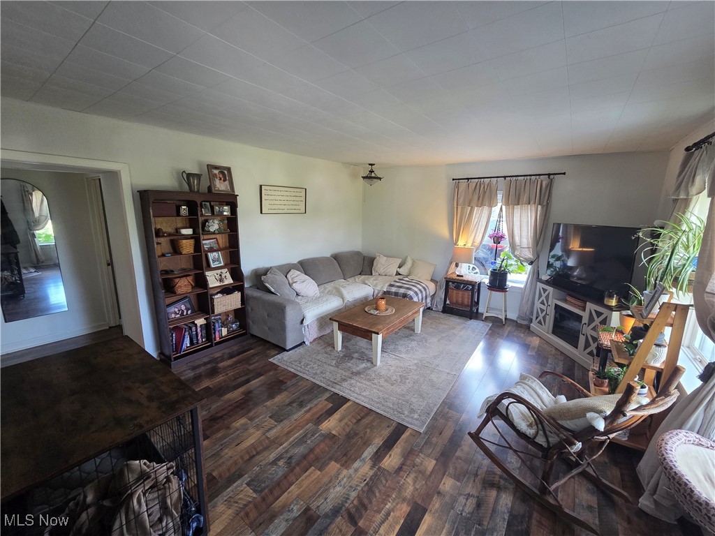 Living room with dark wood-type flooring