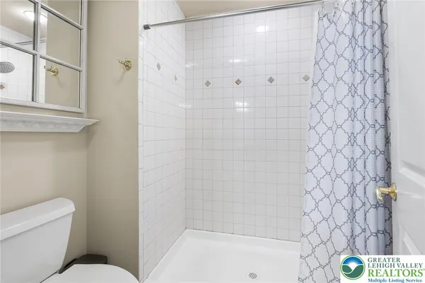 a bathroom with a shower and a toilet