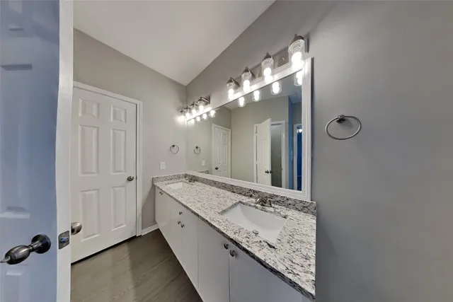 a bathroom with a granite countertop sink a large mirror and a shower