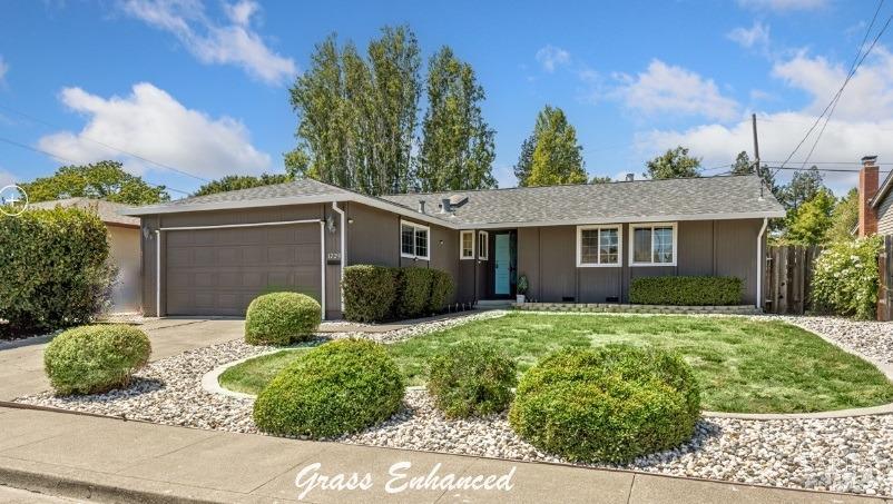 a view of a house with a yard and potted plants