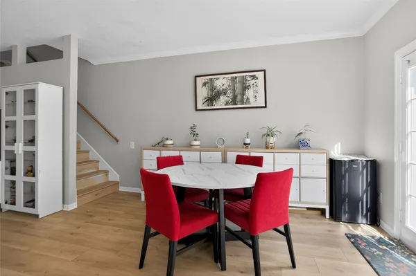 a view of a dining room with furniture