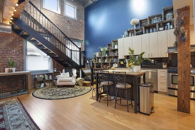 a view of a dining room with furniture