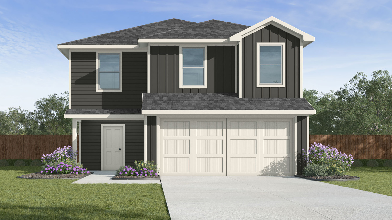 Two-story residence featuring dark siding with white trim accents, a two-car garage with panel doors, a peaked roofline, a concrete driveway, and front landscaping with flowering shrubs