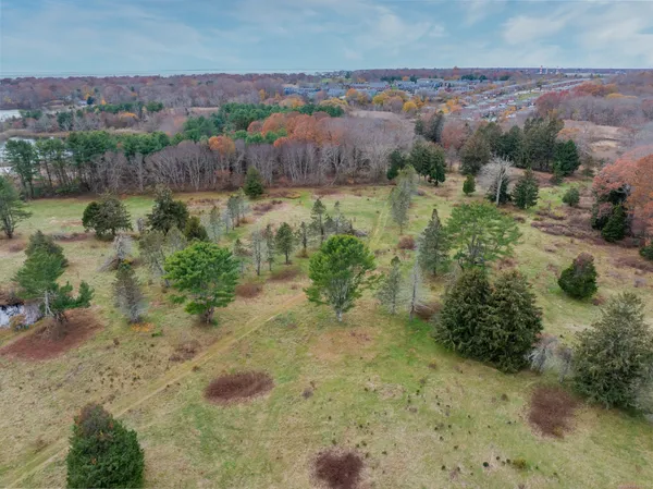 an aerial view of residential houses with outdoor space and trees