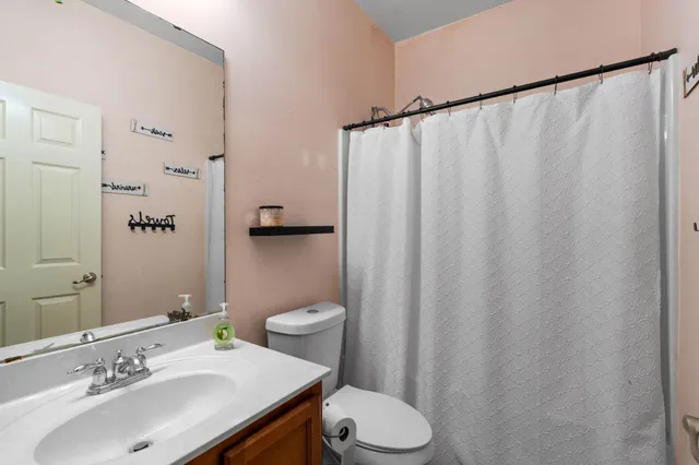 a bathroom with a sink a toilet and shower curtain