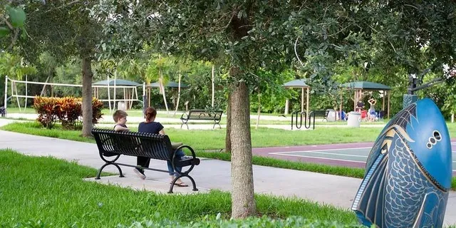 a garden view with a seating space