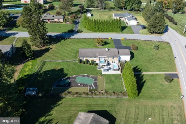 an aerial view of a pool