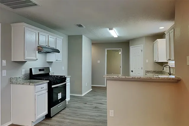 a kitchen with granite countertop a sink a stove and cabinets
