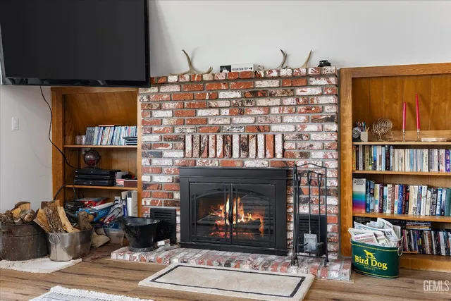 a living room with furniture a bookshelf and a fireplace