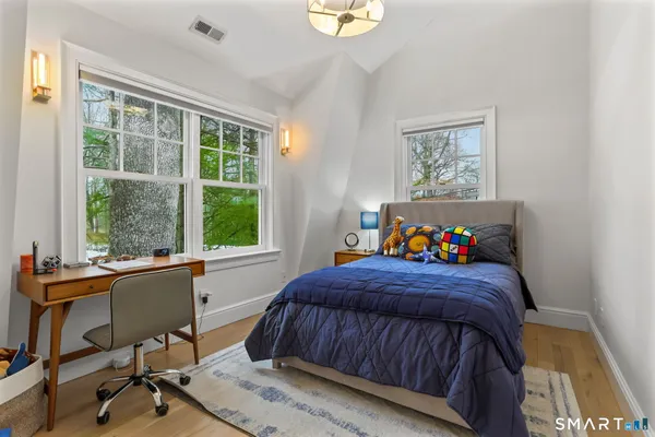a bedroom with a bed and a desk