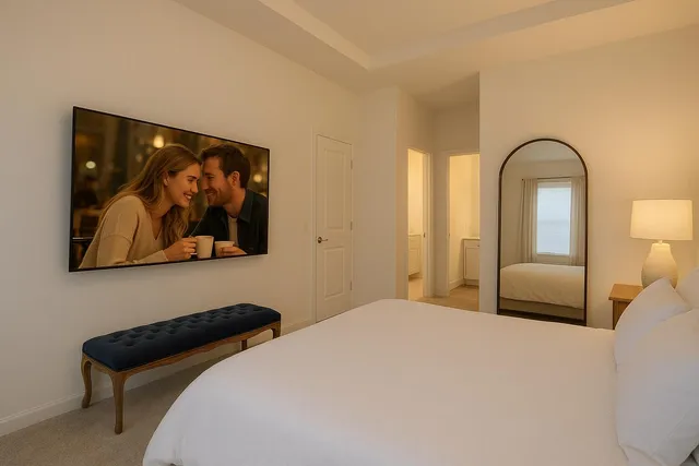 a bedroom with a bed and a painting on the wall