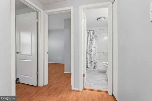 a view of a bathroom with wooden floor