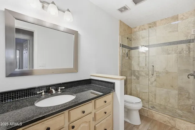 a bathroom with a granite countertop sink toilet a mirror and shower