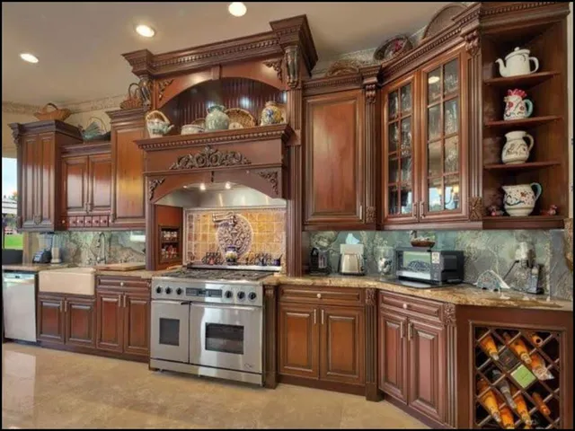 a dining room with furniture a fireplace and large windows