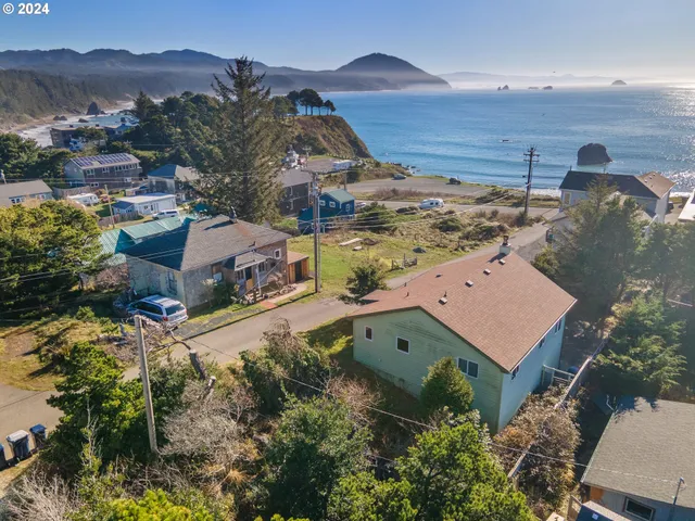 an aerial view of a house with a garden