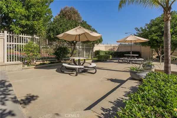 a swimming pool with outdoor seating water slide barbeque oven and palm tree
