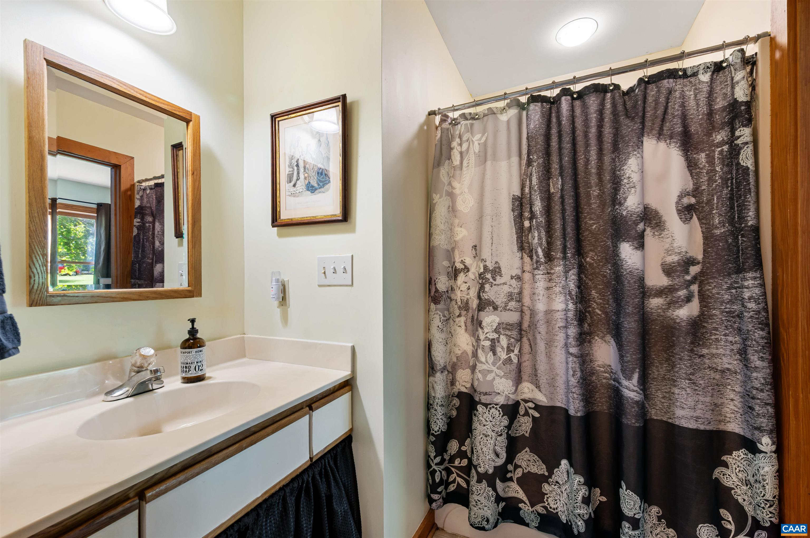 189 Edgehill Way Faber, VA 22938 - Photo 20 of 44 a bathroom with a granite countertop sink a mirror a shower and a sink