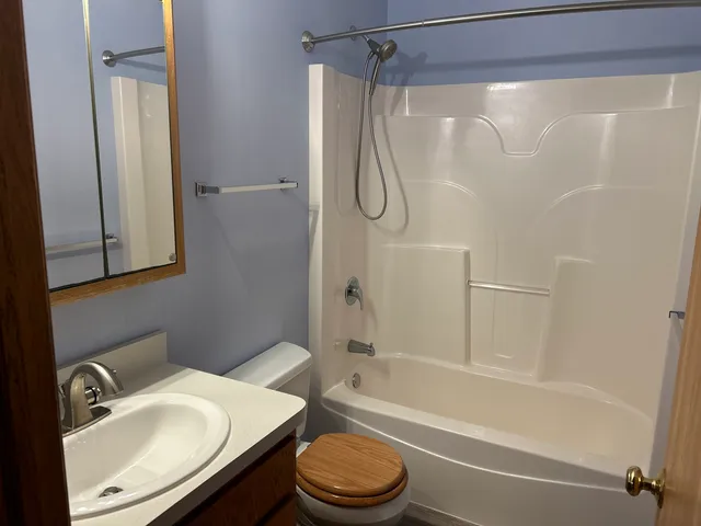 a bathroom with a toilet sink vanity and shower