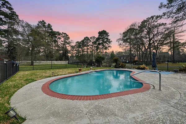 a view of a swimming pool with a patio and plants
