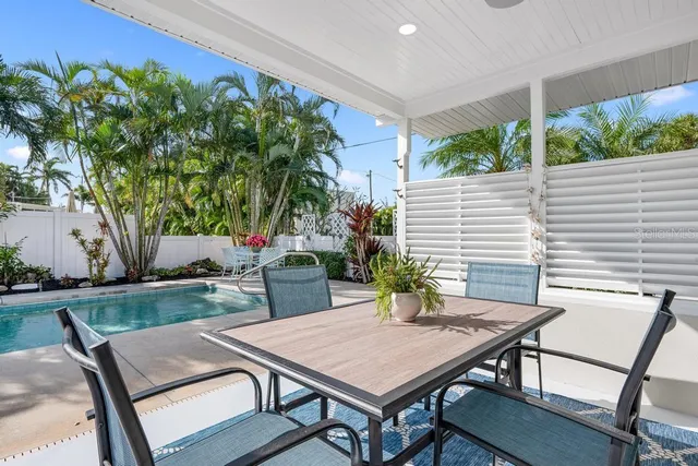 a view of house with swimming pool outdoor seating