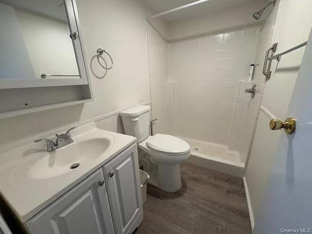 a bathroom with a sink a toilet and shower