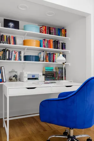 a room with furniture and a book shelf