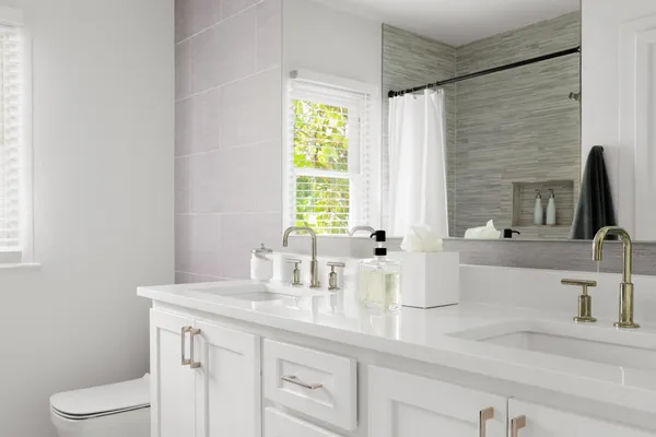 a bathroom with a double vanity sink window and a bathtub