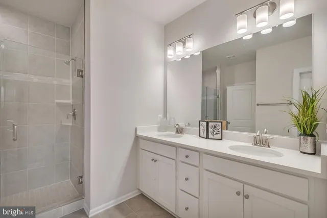 a bathroom with double vanity a mirror and a shower