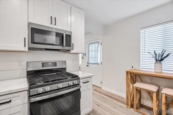a kitchen with a stove and a microwave